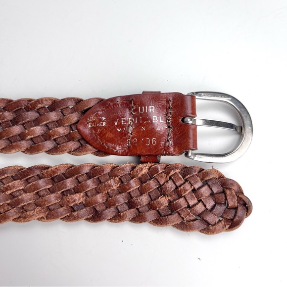 Italian Leather Brown Braided Belt EuroMetal Silver Tone Buckle 38 EUC - Picture 3 of 5
